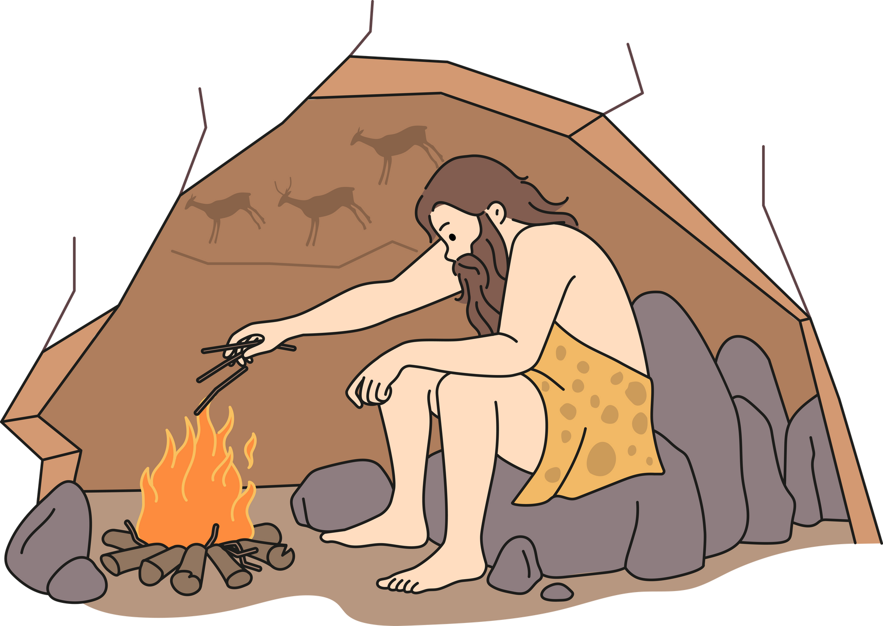 Caveman making fire in cave